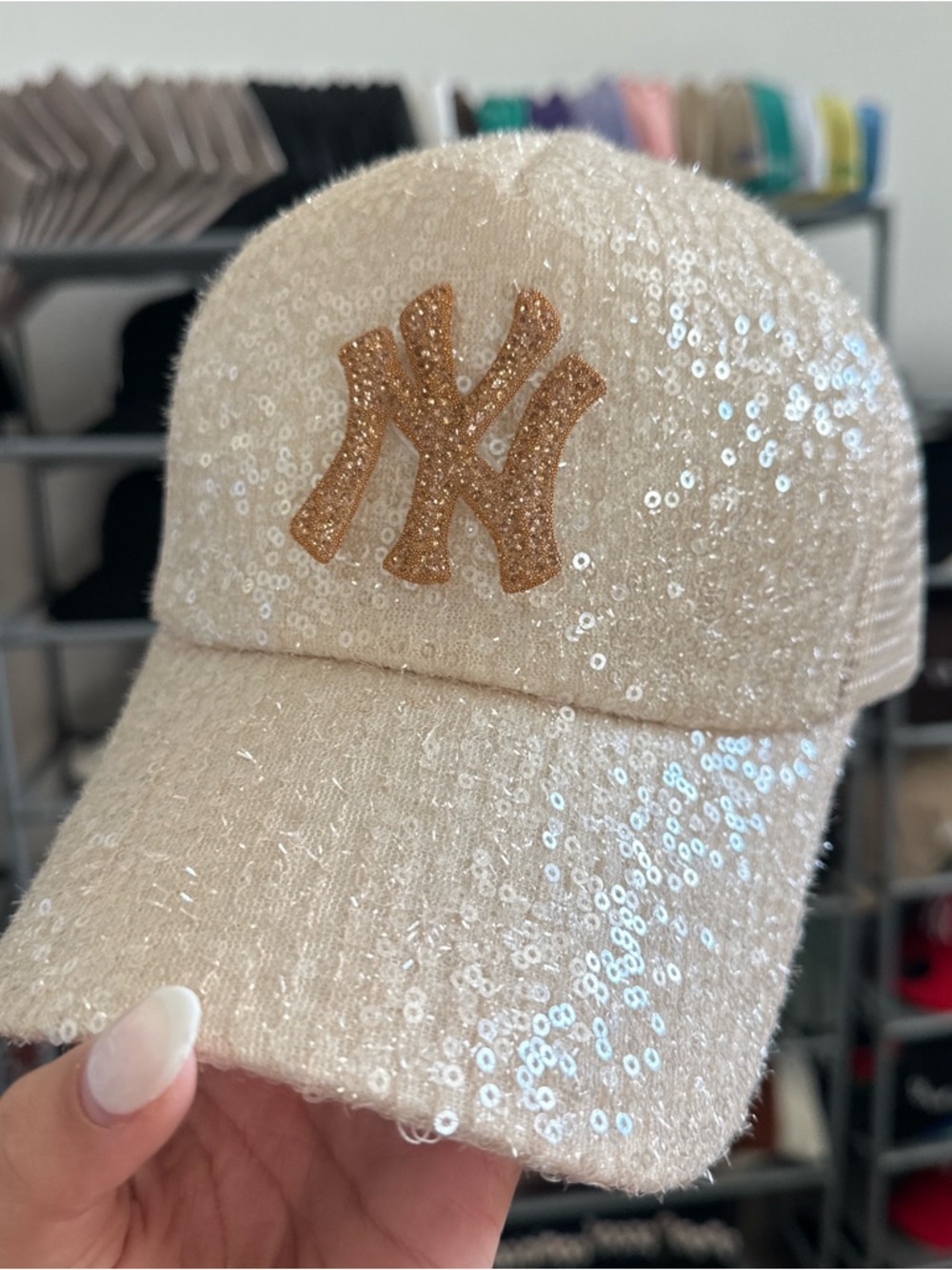 Sequin Embellished New York Logo Baseball Cap - Cream - Picture 2 of 4